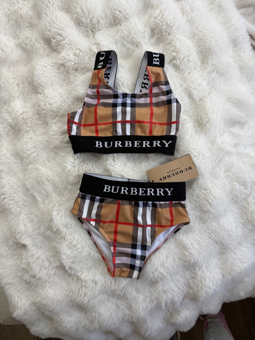 Burberry Check Two-Piece Bikini Set in Tan, Black & Red KIDS SIZD
